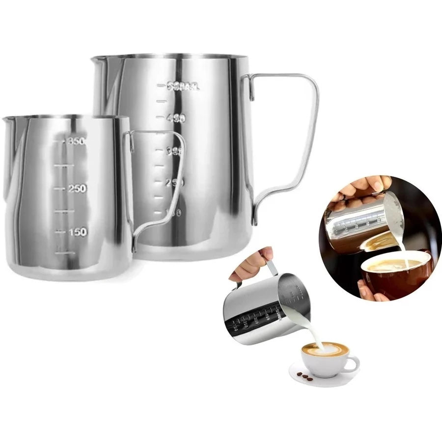 Kit 2 Leiteiras Inox (350ml + 600ml) – Pitcher Barista para Espumar Leite e Fazer Cappuccino