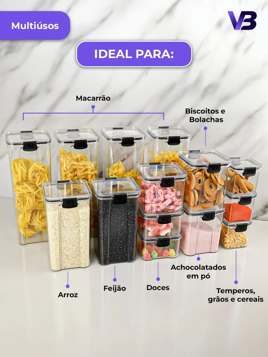 Jogo 6 Potes Herméticos p/ Dispensa e Armário – 3x800ml + 3x500ml