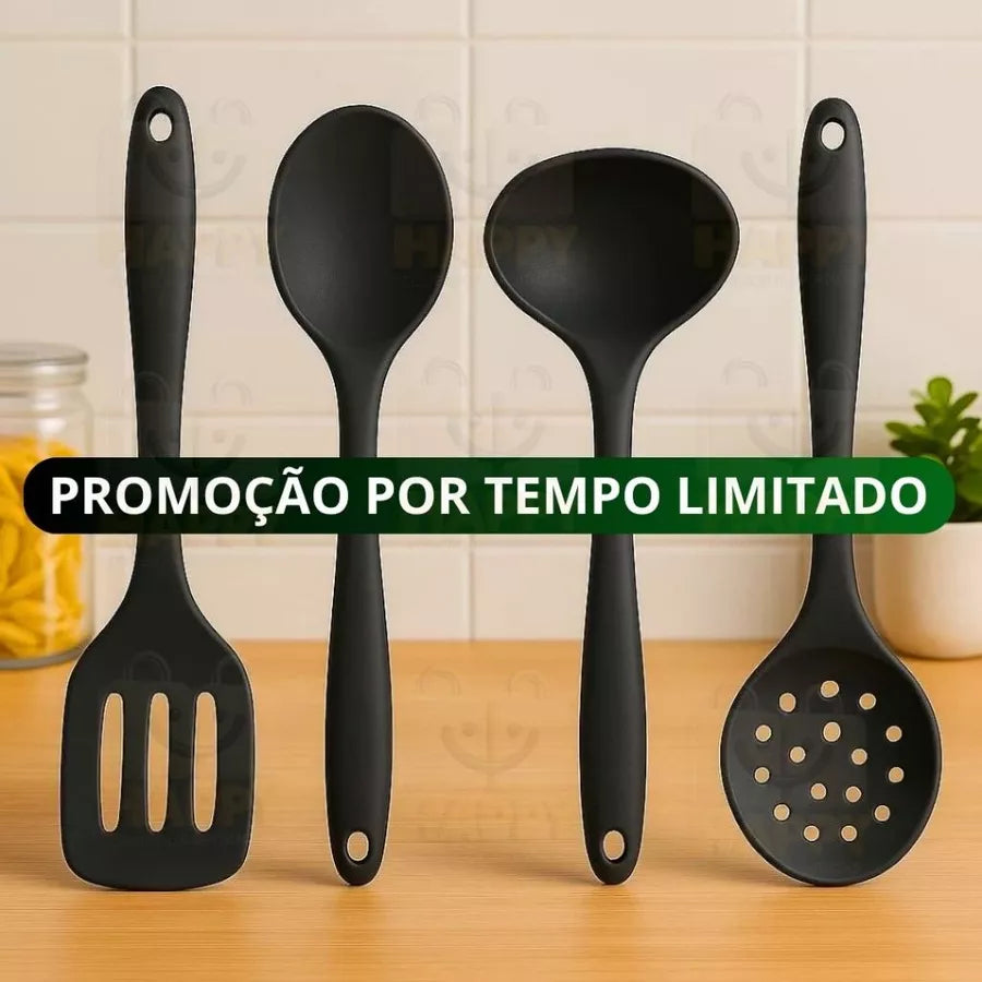 Kit de Utensílios de Silicone 4 Peças – Cozinha Completa Vermelho e Preto