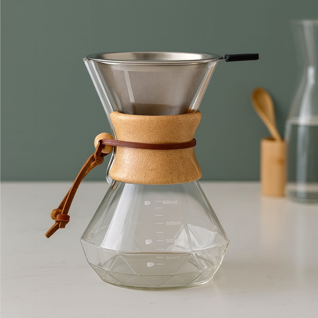 Cafeteira de Vidro Borossilicato 400ml com Detalhe em Madeira – Design Elegante para Café Coado