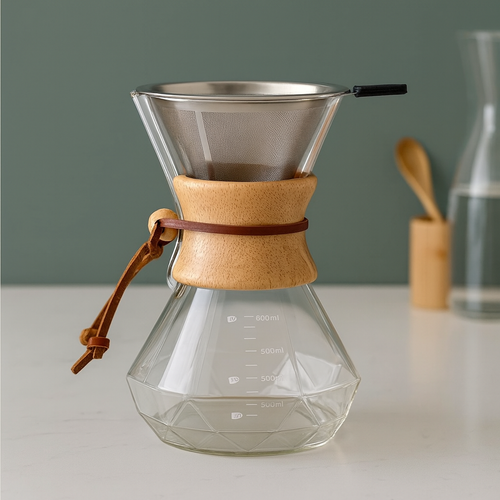 Cafeteira de Vidro Borossilicato 400ml com Detalhe em Madeira – Design Elegante para Café Coado