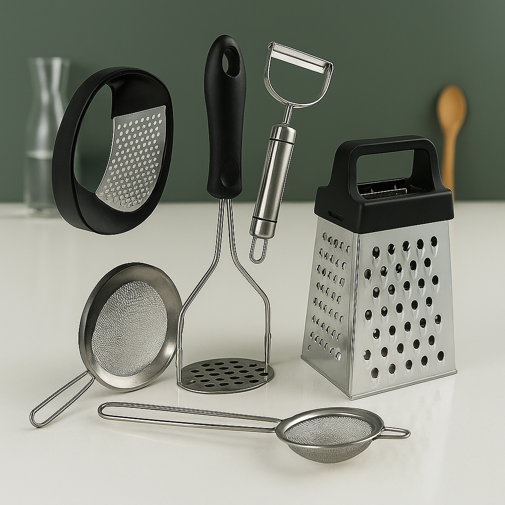 Kit 6 em 1 para Cozinha – Amassador, Ralador, Peneira e Espremedor