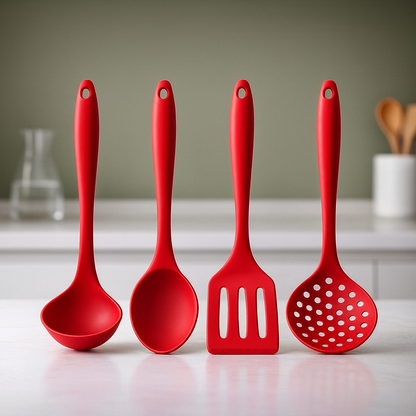 Kit de Utensílios de Silicone 4 Peças – Cozinha Completa Vermelho e Preto