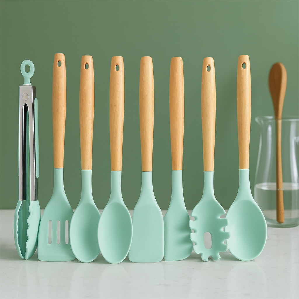 KIT 12 Peças de Utensílios Para Cozinha em Silicone e Bambu