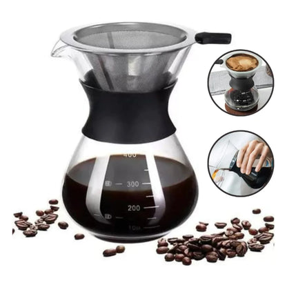 Jarra Cafeteira Premium 400ml – Vidro Borossilicato com Passador e Anel de Silicone para Café Gourmet