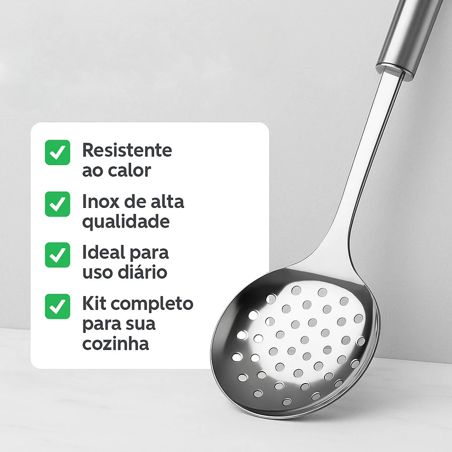 Kit 6 Utensílios de Cozinha em Aço Inox – Completo, Resistente e Elegante