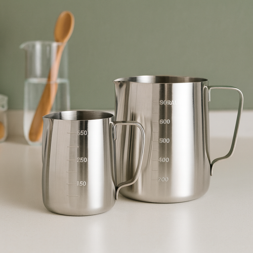 Kit 2 Leiteiras Inox (350ml + 600ml) – Pitcher Barista para Espumar Leite e Fazer Cappuccino
