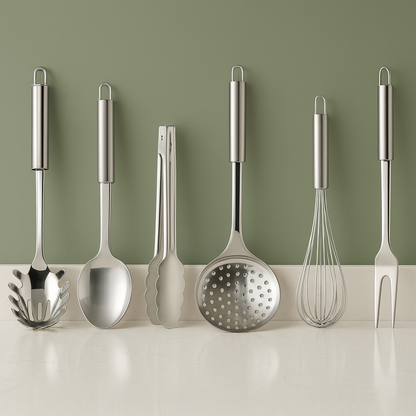 Kit 6 Utensílios de Cozinha em Aço Inox – Completo, Resistente e Elegante