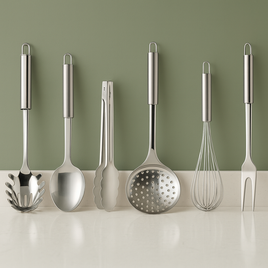 Kit 6 Utensílios de Cozinha em Aço Inox – Completo, Resistente e Elegante