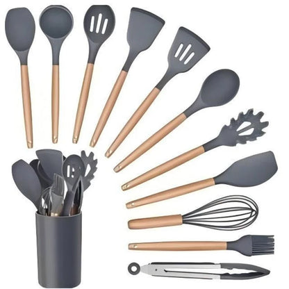 KIT 12 Peças de Utensílios Para Cozinha em Silicone e Bambu