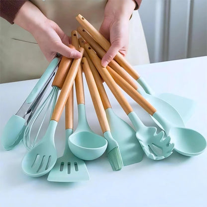 KIT 12 Peças de Utensílios Para Cozinha em Silicone e Bambu