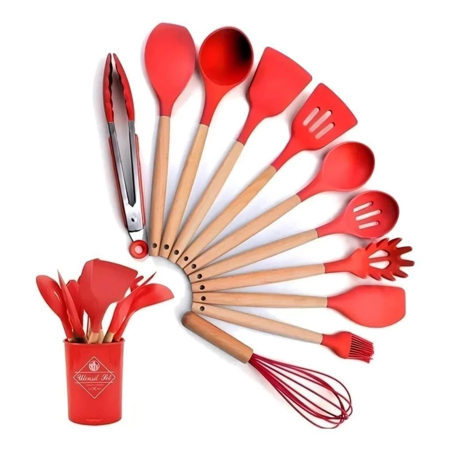 KIT 12 Peças de Utensílios Para Cozinha em Silicone e Bambu