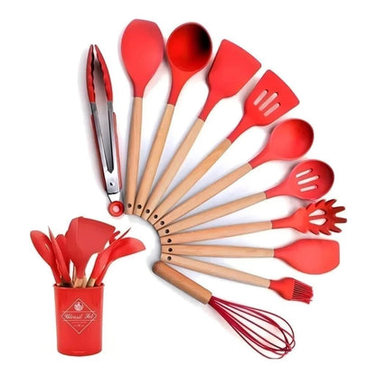 KIT 12 Peças de Utensílios Para Cozinha em Silicone e Bambu