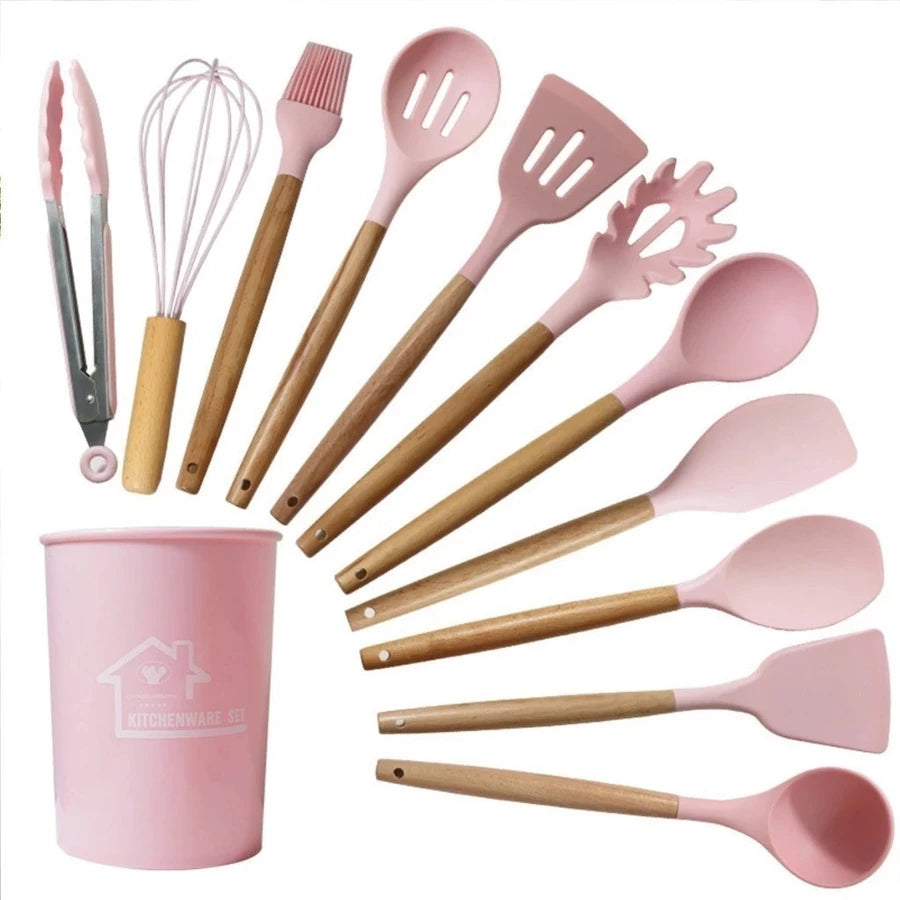 KIT 12 Peças de Utensílios Para Cozinha em Silicone e Bambu