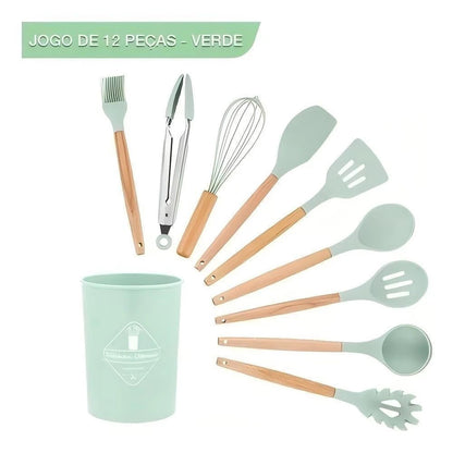 KIT 12 Peças de Utensílios Para Cozinha em Silicone e Bambu