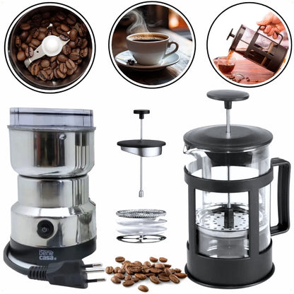 Kit Café Gourmet Prensa Francesa 350ml Com Moedor Cafe Grãos Elétrico Inox Cafeteira 110v 220v